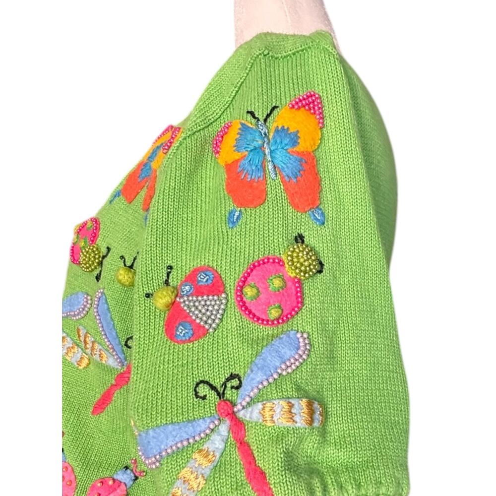 Michael Simon Butterfly Ladybug Dragonfly Beaded Knit Cardigan Sweater Whimsical - Picture 2 of 10